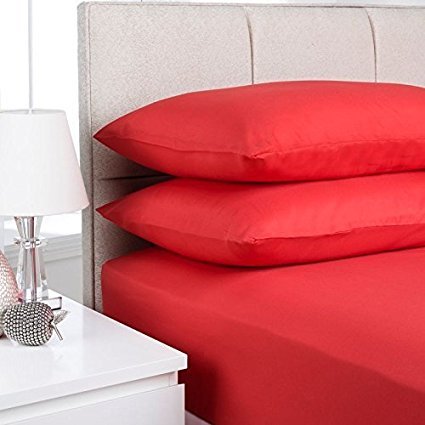 EGYPTO Non-Iron Percale Polycotton Fitted Sheet 16” Extra Deep with FREE Pillowcases (Super King Fitted Sheet & Pillowcase Pair, Red)