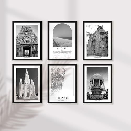 Image of PAINTINGMANTRA Framed Painting A3 Chennai Wall Art Prints Pack of 6, Heritage Landmark Framed Wall D cor,Famous Temples, Historic Monuments, Photos for Living Room,Bedroom,Office Decoration (32x44 cm)