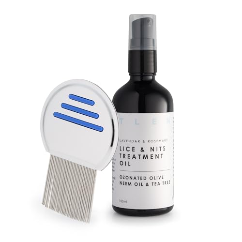 Aceite natural para tratamiento de piojos y liendres, vegano, no tóxico, suave, fórmula a base de plantas con aceite de oliva ozonizado, neem, árbol de té, lavanda y romero, botella de vidrio de 100