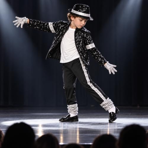 ADJSYDD Kids Dance Star Halloween Costume Boys Black Sequin 80s Pop Stage Outfits 4-5T - image 2