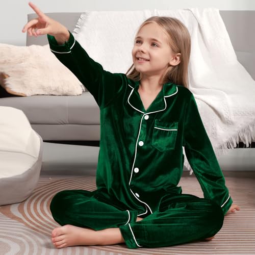 Weixinbuy Girls Velvet Pajamas Set Long Sleeve Solid Laple Pajama Button-Up Sleepwear 4-14Y Kids Fall Winter Clothes Outfits4