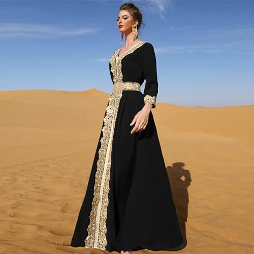 Image of IDOPIP Embroidery Abayas for Women Muslim Moroccan Floral Maxi Kaftan Dress Arabic Islamic Dubai Robe Ramadan Prayer Clothes
