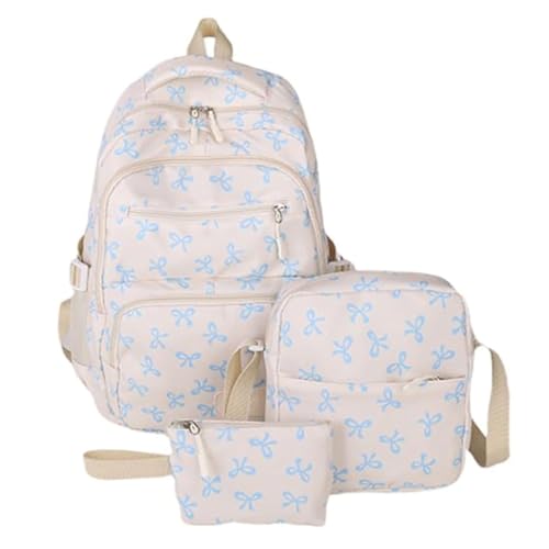 3pcs Set Bow Backpack For Girls,Cute Kawaii Backpacks Set Large Capacity,Nylon Coquette Backpack With Bow Pattern (White Blue)