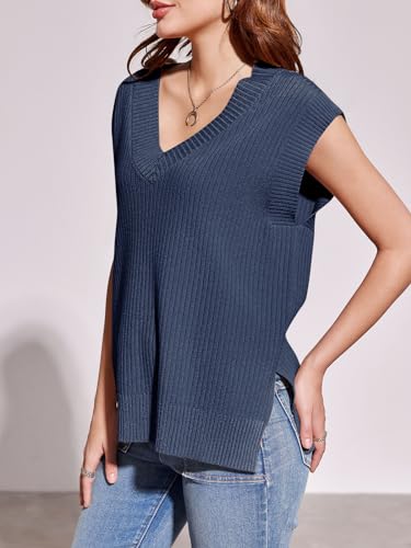 Image of Saodimallsu Womens V Neck Sweater Vest Oversized Ribbed Knit Sleeveless Casual Loose Fit Pullover Tank Top