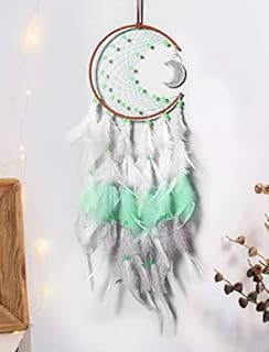 Nice Dream Green Dream Catcher, Moon Dream Catchers for Boys Bedroom, Handmade Feather Wall Hanging Decor with LED Light, Home Ornaments Craft Gift