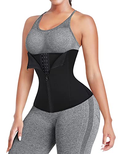 FeelinGirl Gaine Ventre Plat Femme Zipper Corset Minceur Waist Trainer en Néoprène Ceinture Amincissante Sudation 3 Crochets et Oeillets-Zip Noir S