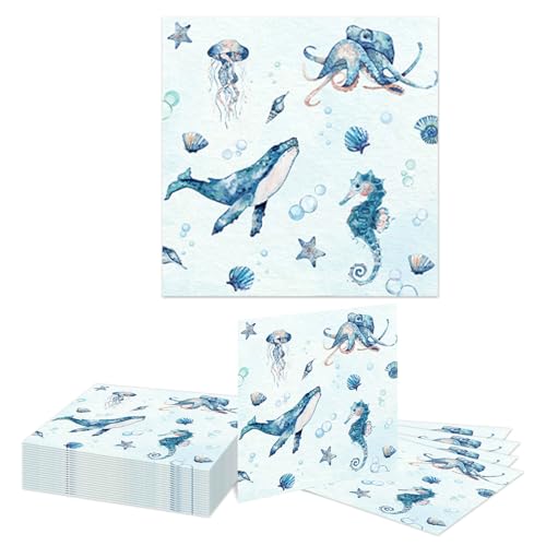 Kotkiddy Lot de 20 Serviettes Cocktail sous la mer, côte océane, Serviettes en Papier jetables pour Dessert, pour fête d'anniversaire Estivale ou...