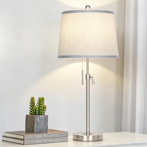 Image of JUNNAI Bedside Lamps, 56-76CM Height Adjustable,Tall Table Lamp for Nightstand/Bedroom/Living Room/Study Room, 3 Colors Temperature,Fabric Lampshade,E27 Socket,9W Bulb Included, Silver