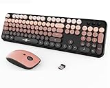 Wireless Keyboard and Mouse Combo for Long Nails, Black Pink Aesthetic Bubble Keyboard with Round Keys, Cute Creamy Typewriter Style Full Size Keyboard with Number Pad for PC Laptop Desktop