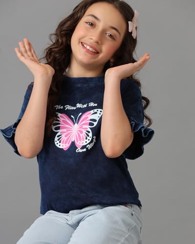 Image of Under Fourteen Only Girls Cotton Tops Collection - Round Neck, Crop Top, Full & Half Sleeve, Drop Shoulder, Ruffle Sleeve, Graphic Printed, Embroidered & Slub Knit Styles