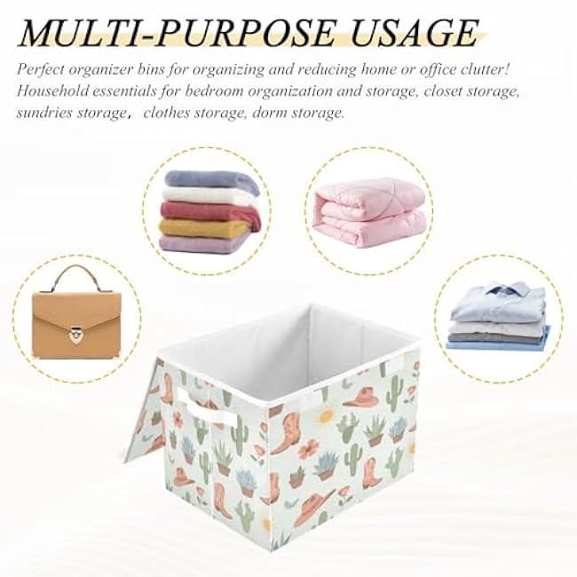 Storage Bins with Lids Cactus Boots Desert Themed Foldable Storage Boxes with Handles Large Storage Basket Collapsible Organizer Containers for Closet Home Bedroom Office