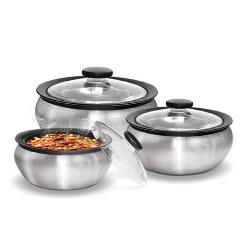 MILTON Clear LID Stainless Steel Thermo Hot Pot Insulated Casserole 3 Pcs Set - 600 ml, 1500 ml and 2000 ml Capacity