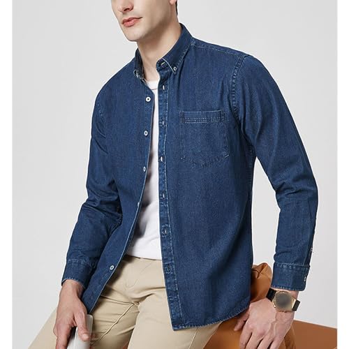 JEKE-DG Men's Long Sleeve Casual Denim Jacket Lapel Button Up Cotton Jean Shirt Comfort Stretch Classic Jean Shirts3
