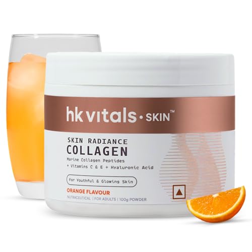 Image of hk vitals Skin Radiance Marine Collagen Supplement Powder (Orange, 100g) | Collagen Peptides with Vitamin C, E