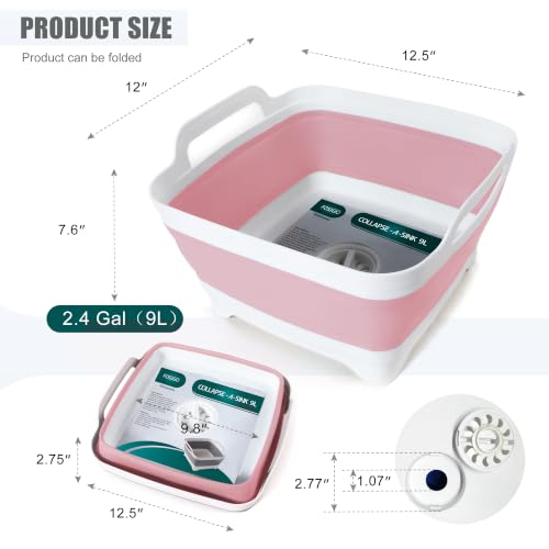 Image of FOSJGO Collapsible Dish Basin with Drain Plug, 2.4 Gal (9L) Space-Saving Foldable Sink, Wash Basin for Kitchen, Baby Bottles, Vegetable Washing, Camping, RV and Party Beverage Tubs (Pink)
