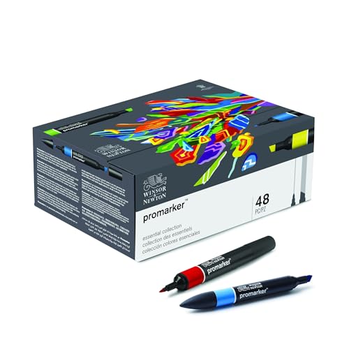 Winsor & Newton Promarker Set of 48, Alcohol Based Markers, Double Tipped Drawing Marker Set for Artists, Graphic Designers, Illustrators - Chisel & Fine Twin Tip, Streak Free Coverage