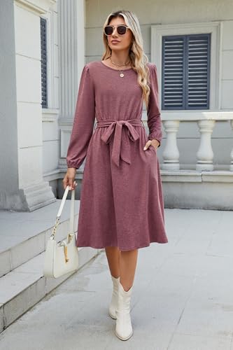 Image of Newshows Womens Long Sleeve Casual Dresses 2025 Business Work Teacher Fall Church Belted A Line Flowy Midi Dress