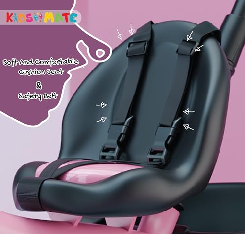 Kidsmate Junior Tricycle for Kids with Parental Control | Cycle for Kids 1-4 Years | Baby Cycle | Bicycle with Storage Basket, Cushion Seat and Seat Belt Carrying Capacity 30 Kgs (Pink)