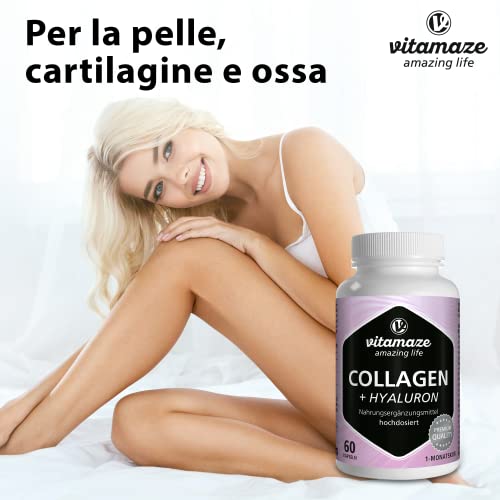 Capsule collagene ad alto dosaggio + acido ialuronico + condroitina + lisina, 600 mg di collagene puro idrolizzato al giorno, 60 capsule per 1 mese, bioattivo e senza additivi, Made in Germany - 5