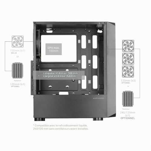 Mars Gaming MC-2000, Boîtier Moyen-Tour ATX, Fenêtre Latérale Intégrale, Design Mesh Frontal, 1x Ventilateur FDB 120mm Ultra-Silencieux, Design à Double Chambre, Noir