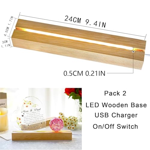 Image of ZEERSHEE 2 Pcs 9.4 Inch Wooden Rectangle LED Light Display Pedestal for Acrylic and Plexiglass Crystal Glass Resin Night LED Light Lamp Base with USB Switch