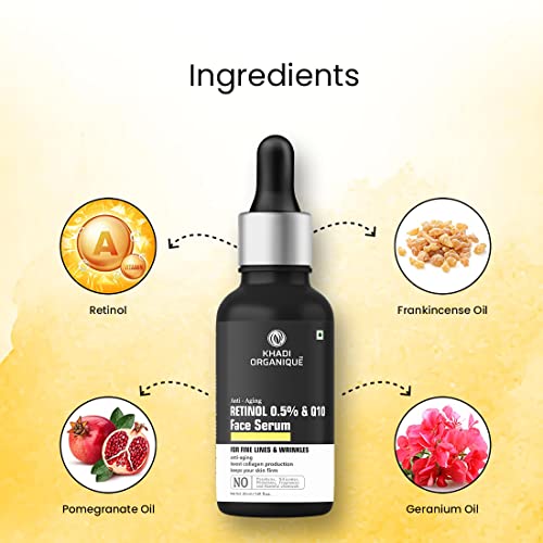 Khadi Organique Retinol 0.5% + Q10 Face Serum For Anti Aging | Reduce Fine Lines & Wrinkles | For Women & Men 30 ML