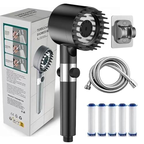 Ion Drops Shower Head, Soffione Doccia Filtrato Con Impugnatura, Pressione Regolabile Turbocharge, 5 Cartucce Filtro(Black-b)