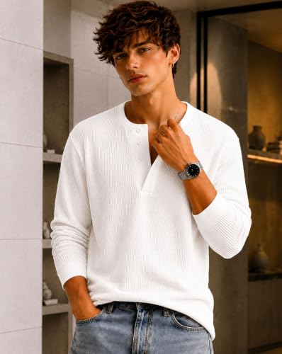 Image of AUSK Men's Waffle Knit Henley T-Shirt | Cotton Blend Full Sleeve Textured Casual T Shirt | Regular Fit Button Placket Round Neck Tshirt for Men