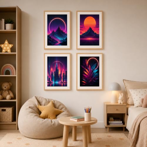 Image of Livin'luxe Set of 4 Neon Mountain City & Botanical Wall Paintings with Sparkle Laminate and Premium Wooden Synthetic Frame for Living Room Bedroom Office Decor (13.5 x 19.5 Inch)