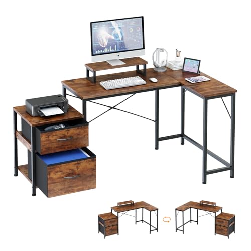 Dripex Schreibtisch L-Form mit Regal Stauraum Arbeitstisch Eckschreibtisch Bürotisch L-förmiger Computertisch mit Schublade und Monitorständer für Büro und Zuhause, Braun (139x80 cm)