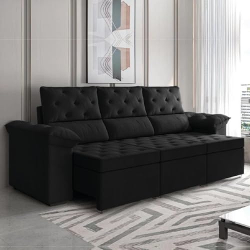 Sofá Retrátil 3 Lugares 2,10m York Suede Preto