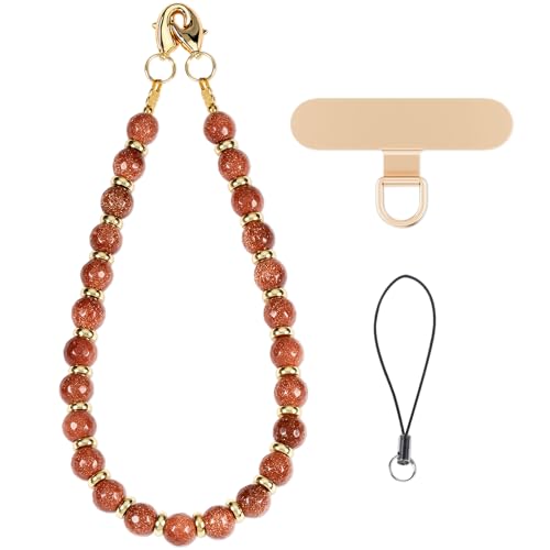 CH.yishi Gemstone Beaded Phone Charm Wrist Strap with Steel Cable Core Stringing, Detachable Phone Bracelet Strap with Metal Tether Tab (Goldstone)