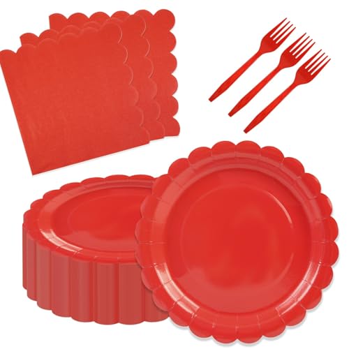75pcs Red Paper Plates &Napkins 7"Disposable Red Scalloped Plates Set