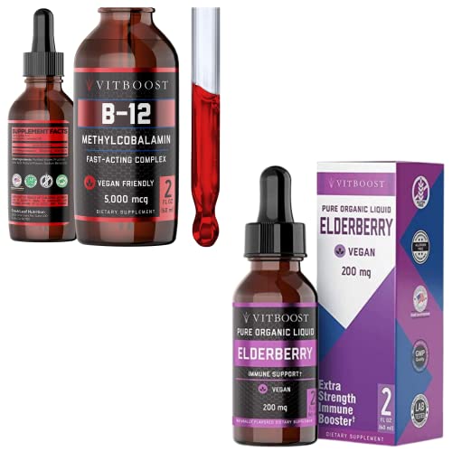 Vitboost Vegan Liquid B12 Drops – 60 X 5000 Mcg Extra Strength Raspberry Flavored Vit B12 Supplement & Vitboost Extra Strength Vegan 200Mg Organic Elderberry Syrup Kids & Adults Antioxidant Supplement #TOP11
