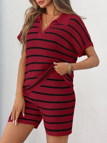 Image of Tankaneo Womens 2 Piece Outfits Striped Knit Summer Sets V Neck Short Sleeve Tops and Shorts Lounge Matching Set