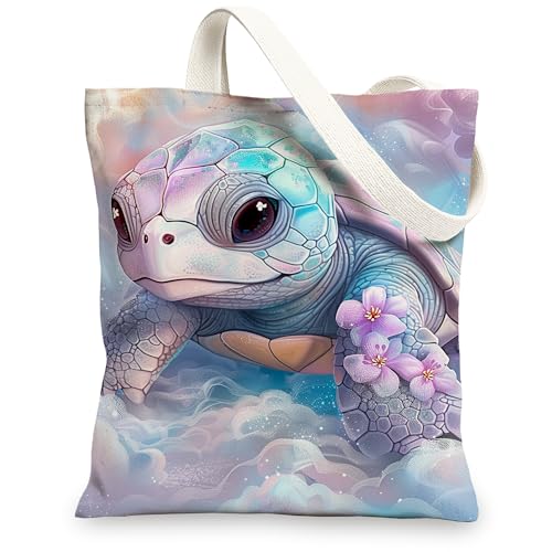 Turtle Canvas Tote Bags, Colorful Sea Creature Floral Pattern Reusable Bags, Artistic Lightweight Washable Shoulder Bags fo