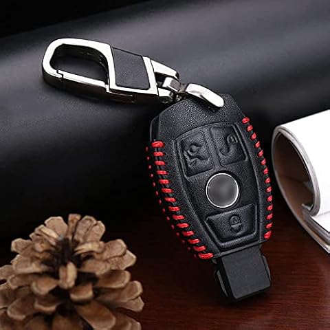 ontto Leather Car Key Fob Cover for For Mercedes Benz A B C E G K R S Class AMG CLA GLA VITO GLE ML GLK CLK Keyring accessories Key Case Remote key Shell key Holder keychain Protector 3 Buttons Red Cover