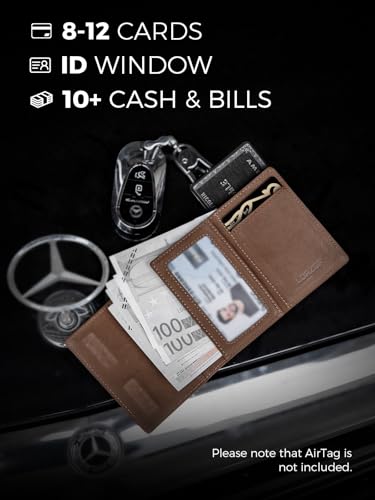 AirTag Wallet - Full Grain Leather Handcrafted, Minimalist Wallet for Men with Apple Air Tag Holder, RFID Blocking, Slim Smart Trifold Pop up Card Case, Front Pocket(AirTag Not Included)(Brown)