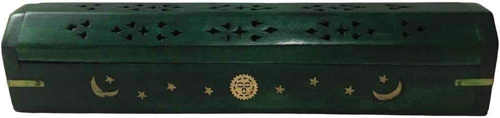 POSHNPRETTY Handmade Celestial Coffin Wooden Incense Box Burner with Brass Inlay (Purple)