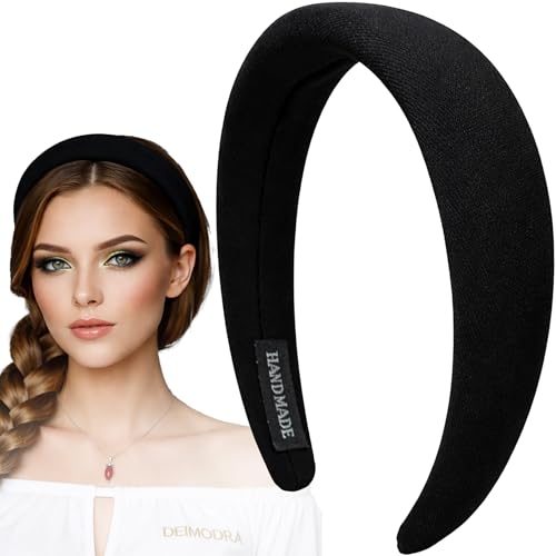 Cerchietto Capelli Nero Imbottito Donna Elegante, Frontino Bombato in Tessuto, Accessori Capelli, 3 cm
