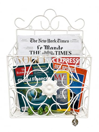 Image of Wall Mounted Hanging File & Magazine Holder - Metal Organizer for Newspapers, Documents & Office Storage | Decorative Rack for Home & Workspace 39x26x10 cm. (White)
