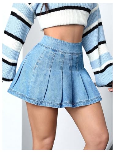 Floerns Women's Casual High Waisted Pleated Hem Zipper Up Denim Skirt Short Skirts4