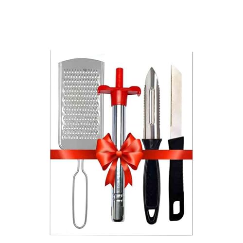Image of Kitchen Gas Lighter Set, 4-Piece, Grater, Apple Corer, Peeler, Serrated Knife, Stainless Steel and Plastic