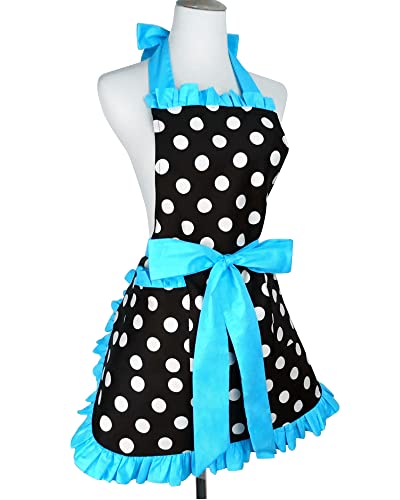 Floosum Lovely Polka Dot Retro Ruffle Side Sexy Cute Lady's Kitchen Cooking Apron With Pocket Gift For Women Girls Housewarming, Blue #TOP2
