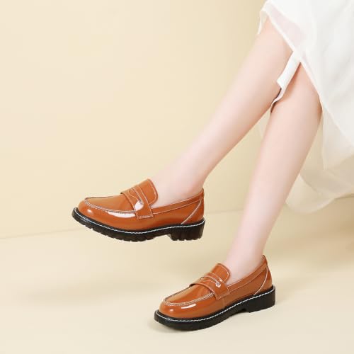 Image of Black Penny Loafers for Women, Shiny Comfortable Dress Work Shoes