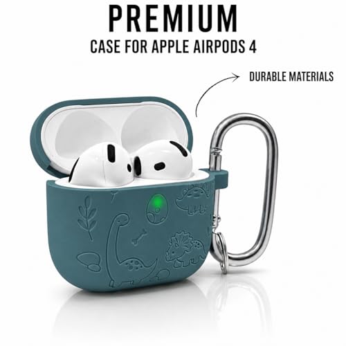 Image of Emoh Roced Case for Airpod 4 with Keychain,Silicone Dinosaur Engraved Cases Compatible with Apple AirPods 4th Generation 2024, Anti-Scratch, Protective Case Cover (Dark Green, for AirPods 4)