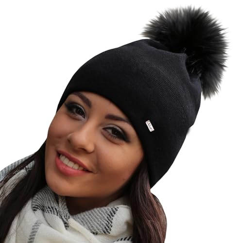 Alur Mütze Damen Beanie Wintermütze Strickmütze mit Bommel - Warme Elastisch Elegant Winter Mütze EKO Bommelmütze - Weiches Garn Stilvoll Universell Warm (Schwarz)