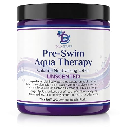 Diva Stuff Pre-Swim Aqua Therapy Chlorine Neutralizing Body Moisturizing Lotion for Swimmers, Protects Skin from Chlorine & Salt Water, 8 oz - Made in the USA, Unscented