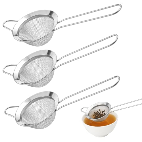 3 Pieces Stainless Steel Fine Mesh Strainers for Kitchen Small Stainless Steel Sieves Food Strainer with Handles Colander Conical Food Loose Sieve Filter Sifter Riddle for Cocktails Tea Coffee