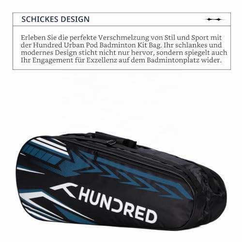HUNDRED Urban Pod Badminton-Ausrüstungstasche (Schwarz/Blau, Größe L) | Unisex | Material: Polyester | 3 geräumige Fächer | Doppelreißverschluss